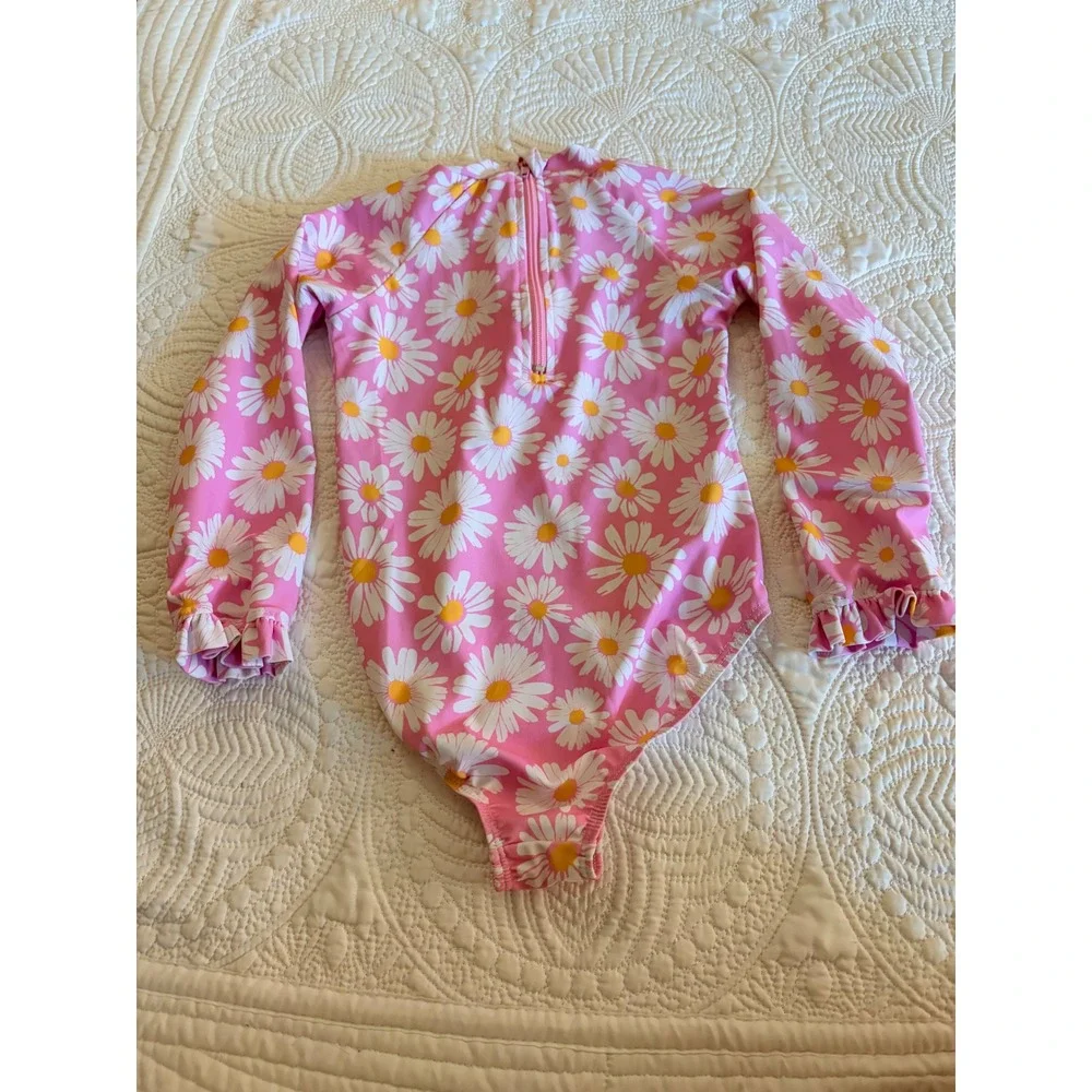 Little Girls Pink Daisy Long Sleeve Rash Guard Swimsuit White Size 6/7
